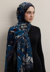 DAHLIA PATTERN SILK CREPE HIJAB NIGHT BLUE