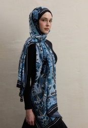 LILIES PATTERN SILK CREPE HIJAB NAVY BLUE